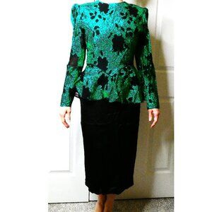 Black Green Dress Size 6 Vintage Midi 50s Shoulder Pads Metallic Sparkling Party